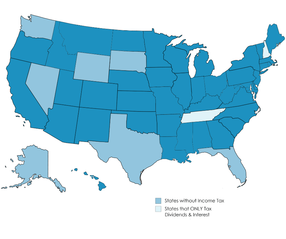 United State map indicating state income tax using color coding